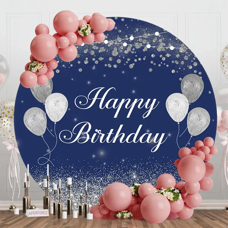 Navy Blue Silver Balloons Round Birthday Backdrop - Aperturee