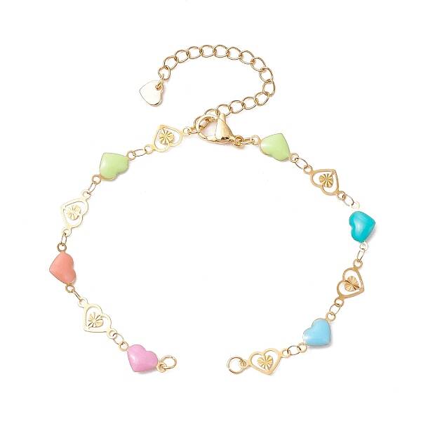 304 Stainless Steel Enamel Colorful Heart Link Chain Bracelet Making