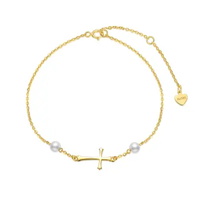 14K Gold Circular Shaped Pearl Cross Charm Bracelet