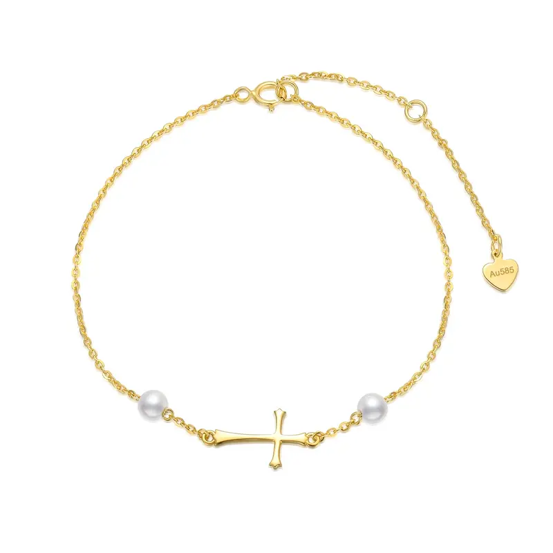14K Gold Circular Shaped Pearl Cross Charm Bracelet