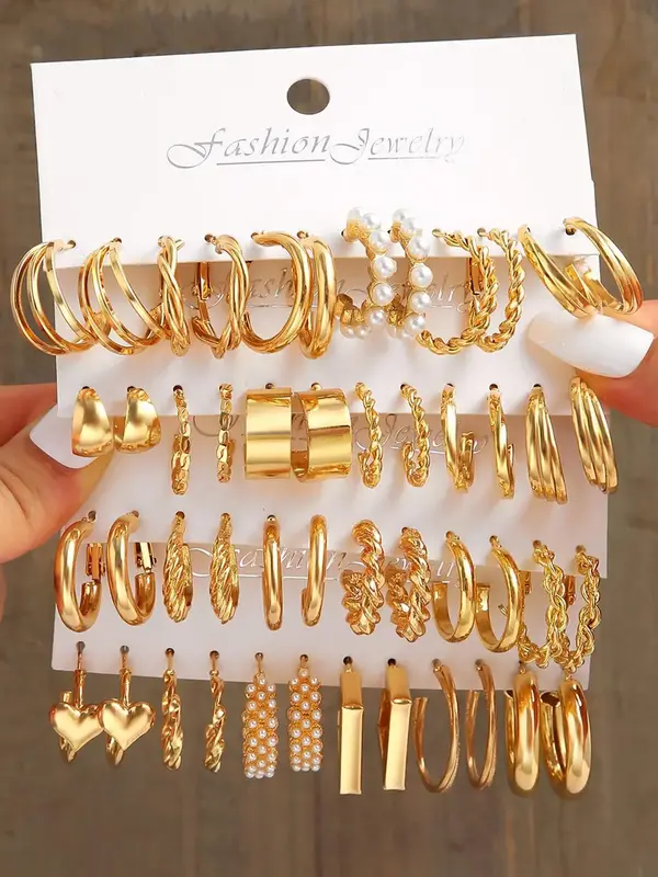 Women's Elegant Rhinestone Faux Pearl Decorative Alloy Hoop Earrings, Heart Shape Twisted Irregular Multilayer Design, Daily ...