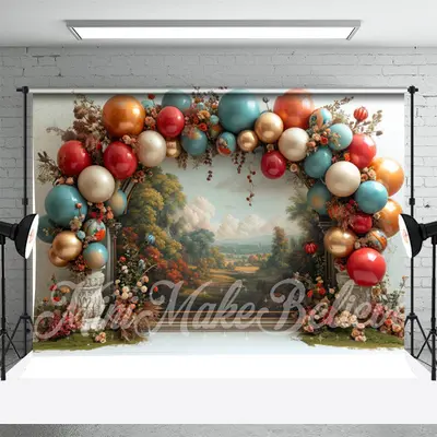 Retro Paint Floral Arch Balloon Cake Smash Backdrop - Aperturee
