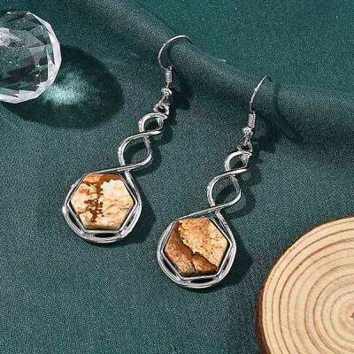Hexagon Natural Picture Jasper Dangle Earrings