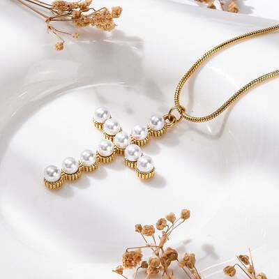 PVD Vacuum Plating 304 Stainless Steel & Plastic Pearl Cross Pendant Round Snake Chain Necklaces for Women