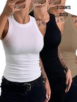 Women's Solid Ribbed Tank Top Set, Casual Sleeveless Round Neck Top for Summer, Ladies Clothes for Daily Wear, Summer Tops