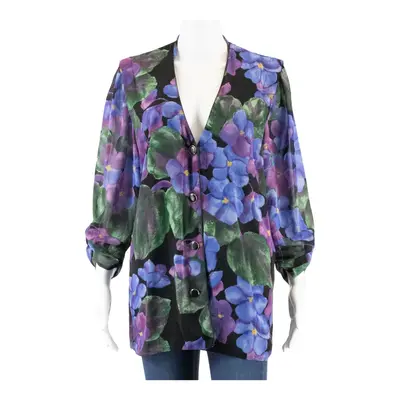 Womens Blouse Black V-Neck 3/4 Sleeve Floral M