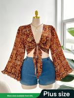 【Plus Size】 Floral Print Crop Blouse, Boho Bohemian Elegant Long Sleeve Top for Summer, Women's Clothes for Vacation Holi...