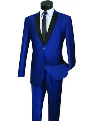 Mens Navy Blue Wedding Tuxedo - Dark Blue Tuxedo Suit Mens 2 Button Shawl/Peak Hybrid Sharkskin Tuxedo in Navy Blue