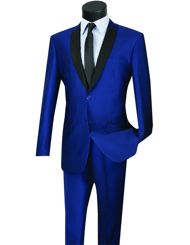 Mens Navy Blue Wedding Tuxedo - Dark Blue Tuxedo Suit Mens 2 Button Shawl/Peak Hybrid Sharkskin Tuxedo in Navy Blue