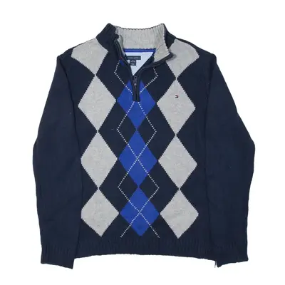 TOMMY HILFIGER Patterned Jumper Blue Argyle Chunky Knit 1/4 Zip Boys M