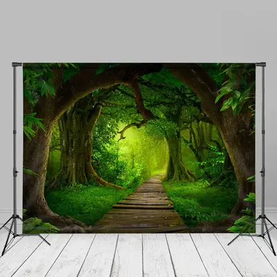 Green Forest And Wooden Path Scene Spring Backdrop - Aperturee
