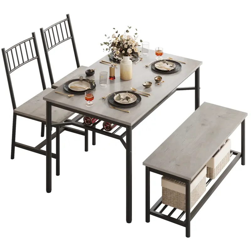 Garvee Dining Table Set for 4 with Bench and 2 Chairs, Rectangular Kitchen Table Set with Wine Rack, Dining Room Table Set fo...