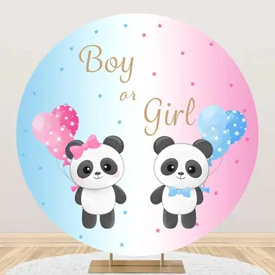 Pink Blue Balloon Panda Round Gender Reveal Backdrop - Aperturee
