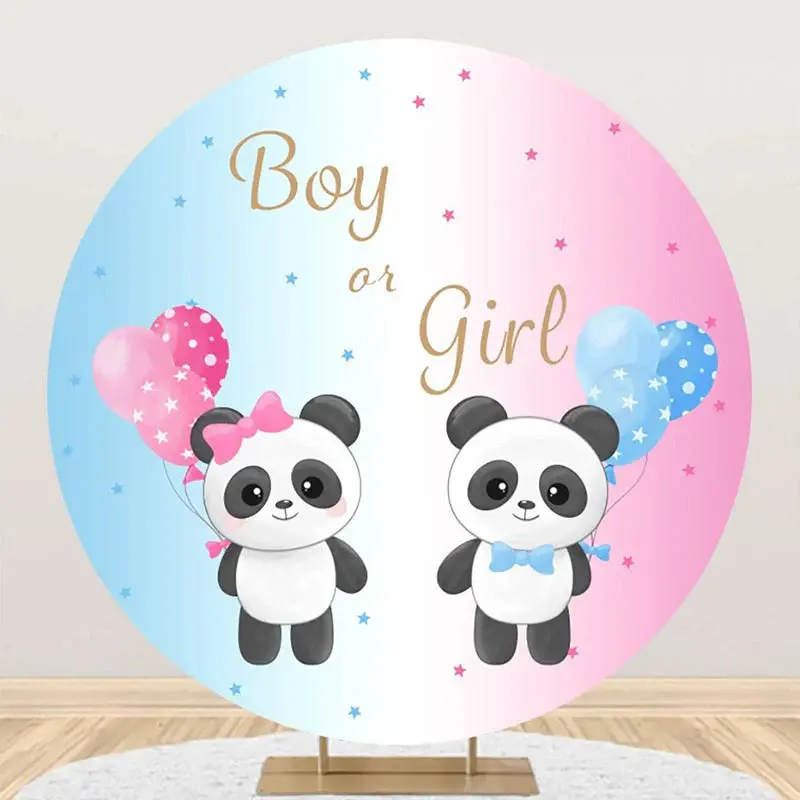 Pink Blue Balloon Panda Round Gender Reveal Backdrop - Aperturee