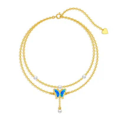 14K Gold Round Opal Pearl Butterfly Multi-layered Charm Anklet