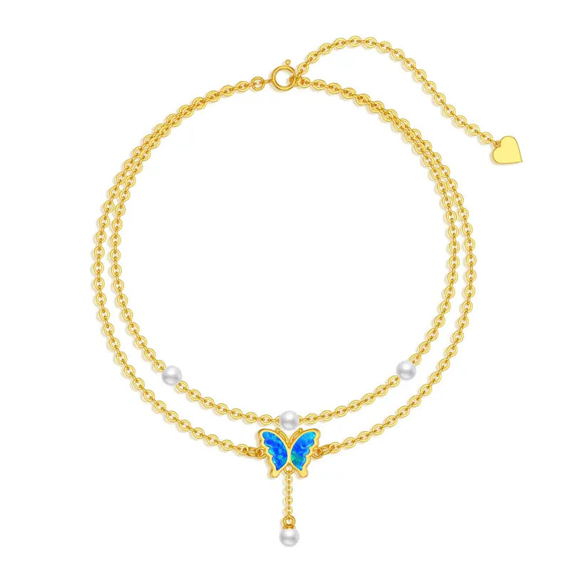 14K Gold Round Opal Pearl Butterfly Multi-layered Charm Anklet