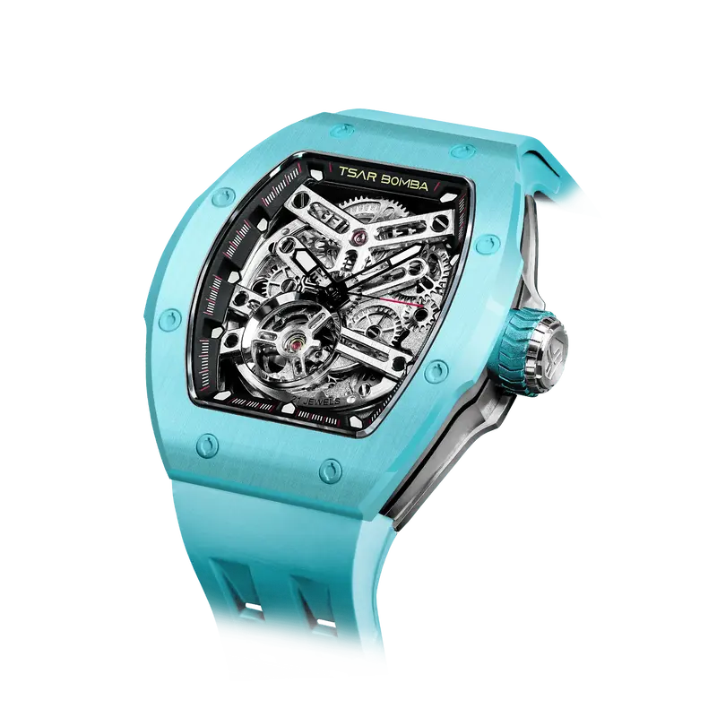 TSAR BOMBA Men's Automatic Watch | Lake Blue | Skeleton Mechanical Wristwatch | Stainless Steel Case | 5ATM Waterproof Luxury...