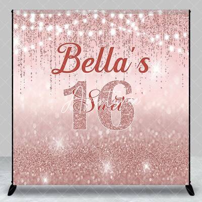 Aperturee Rose Gold Lighted Custom Name Sweet 16 Backdrop, 3X3FT(1X1M), 15 USD, custom birthday backdrops, DZAH0B764-O