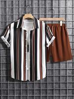 【Plus Size】Men's Colorblock Striped Print Button Front Shirt & Drawstring Waist Shorts Set, Regular Fit Casual Short Slee...