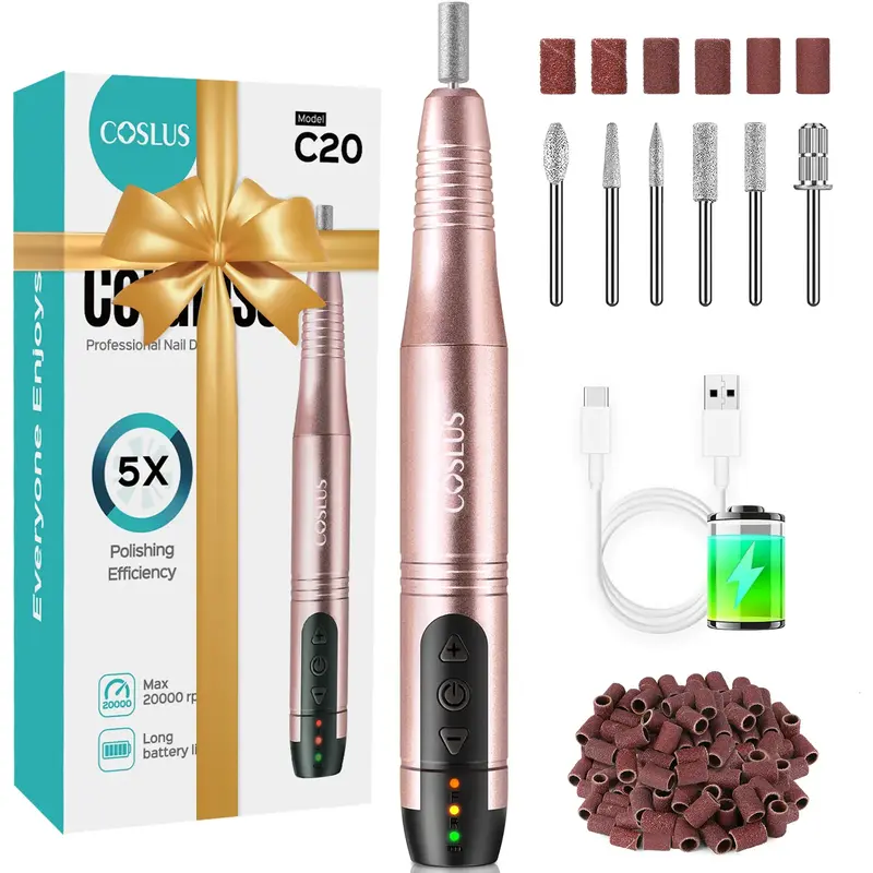 COSLUS C20 Professional Electric Nail File: Manicure and pedicure tool kit, ideal for acrylic, gel, and powder nails, with po...