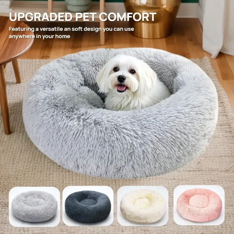 Calming Dog Bed Medium Size Dog - Donut Washable Pet Bed, Anti-Slip Round Fluffy Plush Faux Fur Cat Bed
