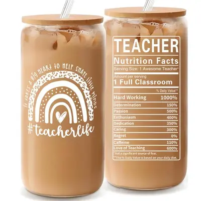 Clear Glass Coffee Cup with Lid, 1 Count Portable Summer Drinking Cup with Straw, Party Gifts for Teacher, Beverage Bottles, ...