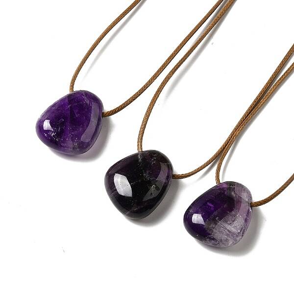 Natural Amethyst Triangle Pendant Necklace with Waxed Cord for Women