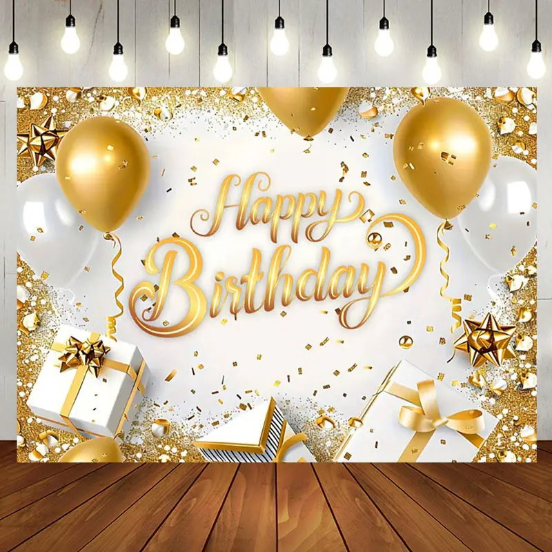 Aperturee White Gold Gifts Balloons Happy Birthday Backdrop, 5X3FT(1.5X1M), 15.07 USD, birthday backdrops, NYHD1I49-E