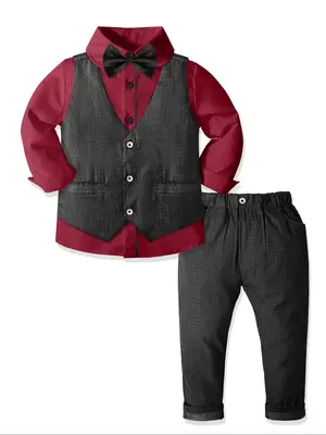 Toddler Boy's Solid Button Front Shirt & Polka Dot Print Vest & Bow Tie & Pants Four-Piece Set, Elegant Formal Outfits for Ki...