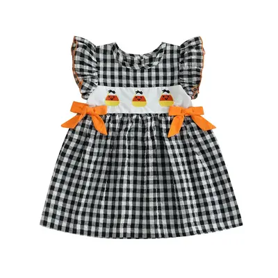 FOCUSNORM Toddler Baby Girl Smocked Halloween Dress Flying Sleeve Pumpkin Embroidery Dresses Halloween Outfit for Girls