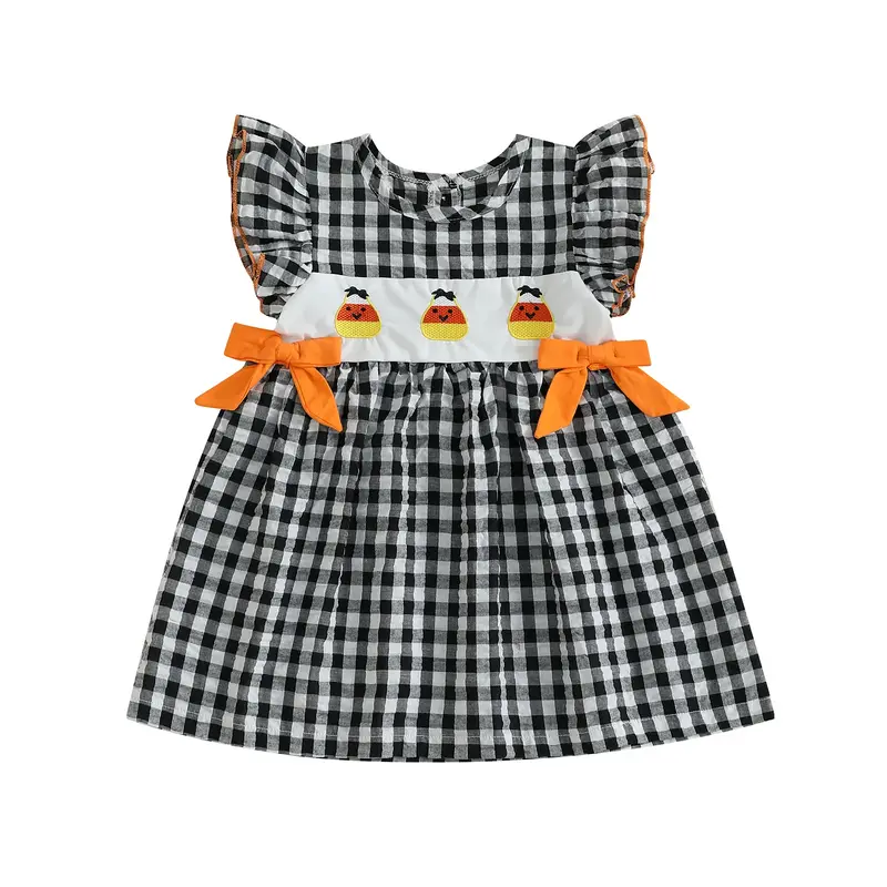 FOCUSNORM Toddler Baby Girl Smocked Halloween Dress Flying Sleeve Pumpkin Embroidery Dresses Halloween Outfit for Girls