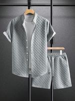 Men's Solid Color Short Sleeve Shirt & Drawstring Waist Shorts Two-Piece Set, Men's Clothing Set for Daily Wear, Casual Fas...