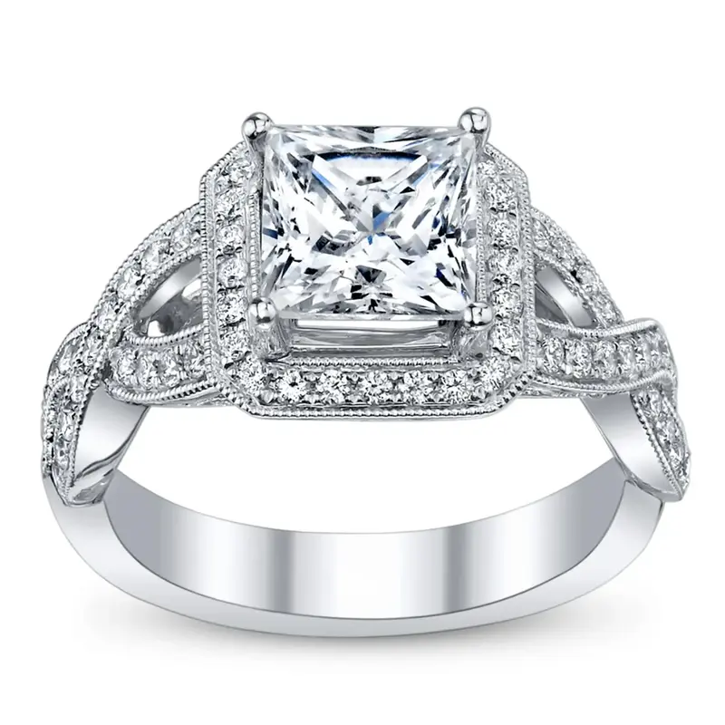 10K White Gold Halo Princess-cut Personalized Birthstone Engagement Ring Criss Cross Band