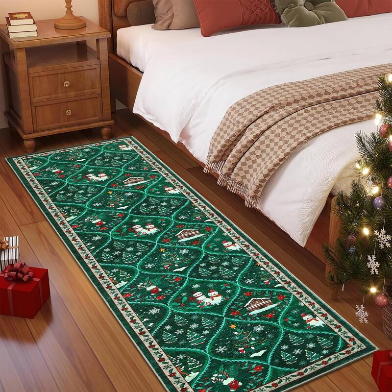 Garvee Christmas Runner Rug 2x6 Non-Slip Washable Polyester Soft Low Pile Stain Resistant Green for Kitchen Hallway Bedroom