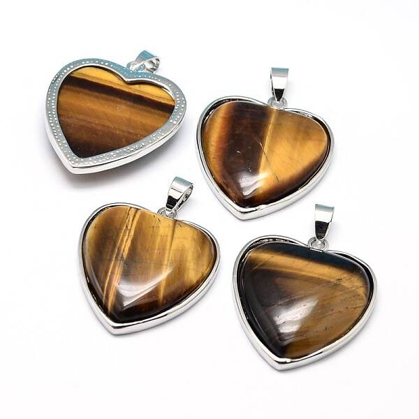 Heart Platinum Plated Brass Natural Tiger Eye Pendants