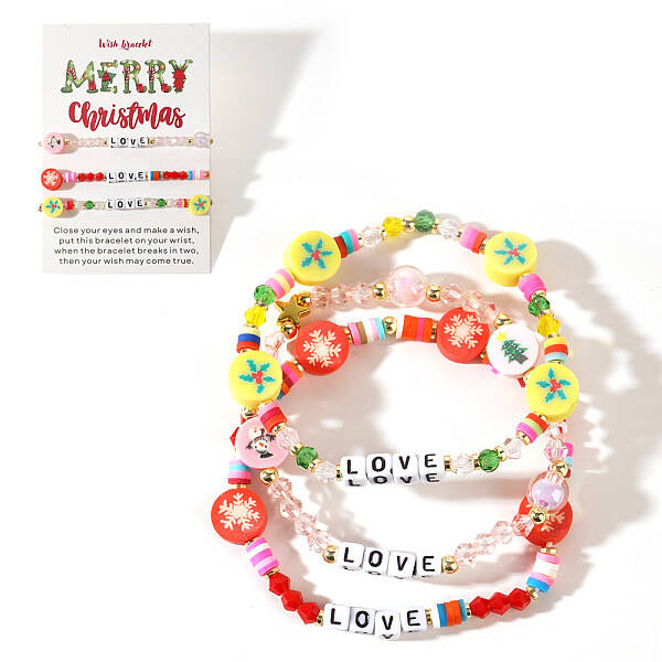 3Pcs Christmas Theme Handmade Polymer Clay & Glass Bicone Beads Stretch Bracelet Sets