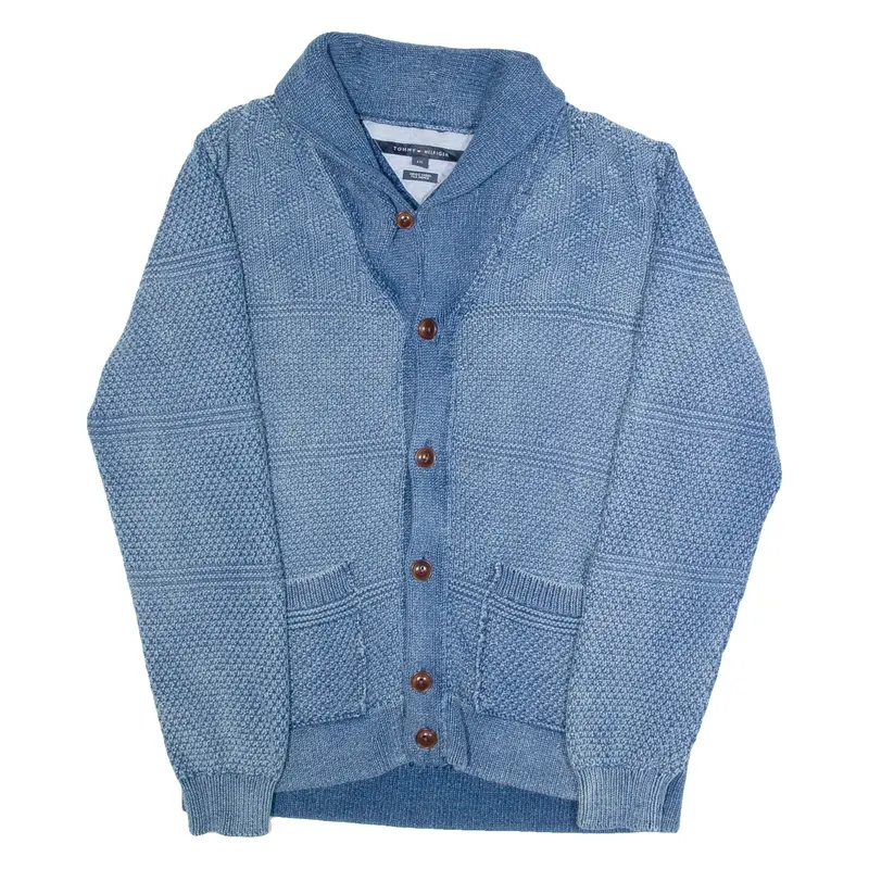 TOMMY HILFIGER Mens Cardigan Blue Button Neck Chunky Knit L
