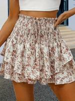 Women's Floral Print Frill Trim Shirred Tiered Layer Shorts, Casual High Waist Wide Leg Shorts for Spring & Fall, Women's Loo...