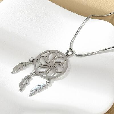 Bohemian 304 Stainless Steel Flower Woven Web/Net with Feather Pendant Necklaces