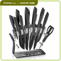 Knife Set, D.Perlla 16 Pieces Black Kitchen Knife Set with Acrylic Stand, High Carbon Stainless Steel, BO Oxidation Knife Blo...
