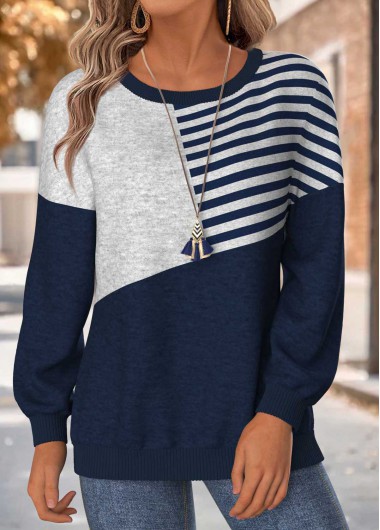 Modlily Navy Tummy Coverage Striped Long Sleeve Round Neck Sweatshirt - L
