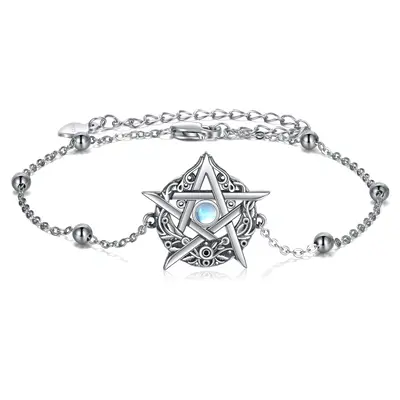 Sterling Silver Circular Shaped Moonstone Pentagram Charm Bracelet