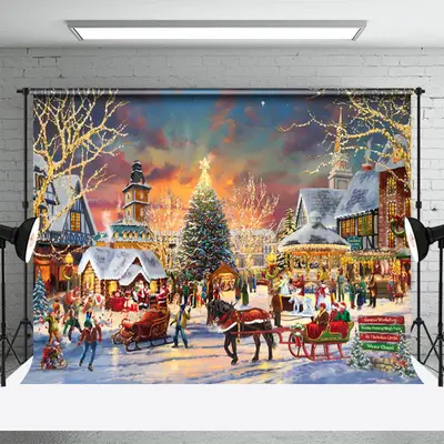 Painting Santa Carriage Christmas Tree Town Backdrop - Aperturee