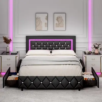 HOMBCK Bed Frame with LED Lights, No mattress, Upholstered Morden Bed Frame with Storage Drawers, Diamond Headboard and Footb...