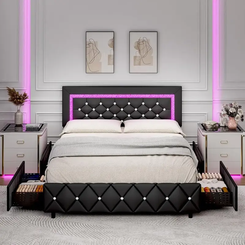 HOMBCK Bed Frame with LED Lights, No mattress, Upholstered Morden Bed Frame with Storage Drawers, Diamond Headboard and Footb...