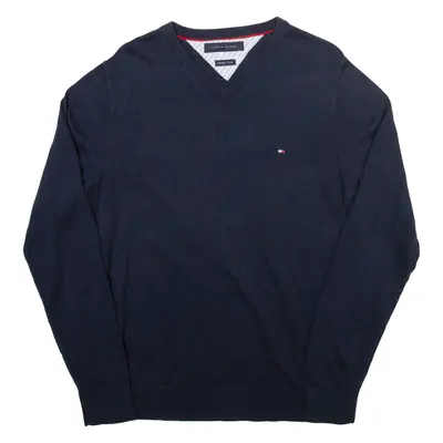 TOMMY HILFIGER Mens Jumper Blue V-Neck Tight Knit M