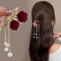 Elegant Vintage Rose and Faux Pearl Tassel Hair Clip - Alloy Floral Design Suitable for Ponytails and Updos Barrettes banana ...