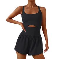 Women Solid Color Cami Playsuits Sleeveless Sports Short Jumpsuits Summer Cross Backless Romper Tracksuits