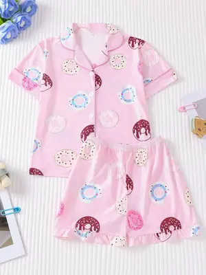 Girl's Donut Print Shirt & Elastic Waist Shorts Pyjama Two-piece Set, Cute Comfy Short Sleeve Top & Shorts Pj Set, Kids Sleep...