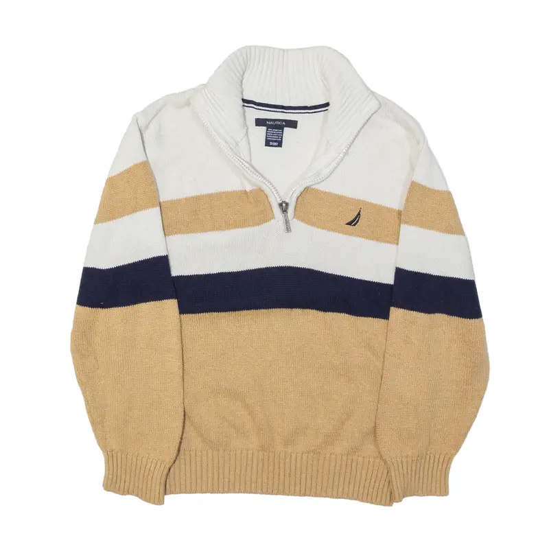 NAUTICA Patterned Jumper Brown Striped Tight Knit 1/4 Zip Boys 8 Years
